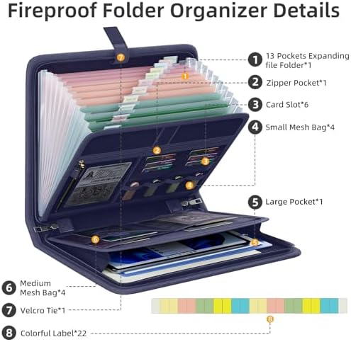 Fireproof Accordion File Organizer, Expanding File Folder with 13 Pockets - Image 4