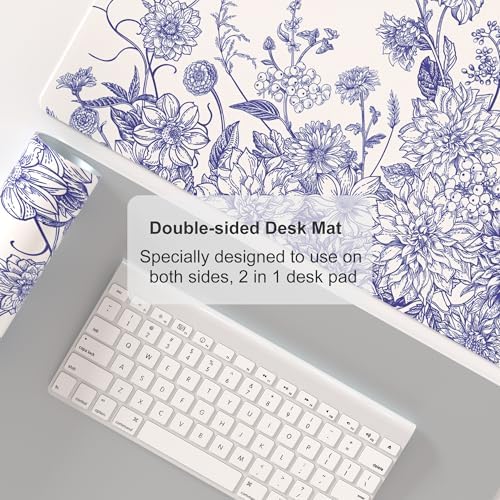 Colorful Star Large Mouse Pad, Floral Desk Mat Office Supplies, Waterproof Faux Leather Big Gaming Mousepad for Women Girls, Vintage Blue Flowers Desk Pad Home Office Décor Accessories 31.5" x 15.7" - Image 5