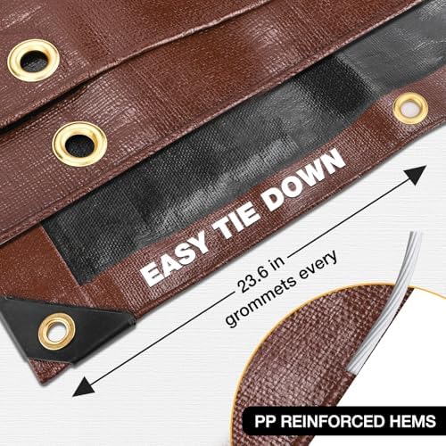 Winpull Tarp 20x20FT, 16 Mil Heavy Duty Waterproof Tarp, Large Multipurpose Cover with Brass Grommets and Reinforced Edges, UV Resistant Thick Poly Tarps for Pool Car Tent Brown - Image 5