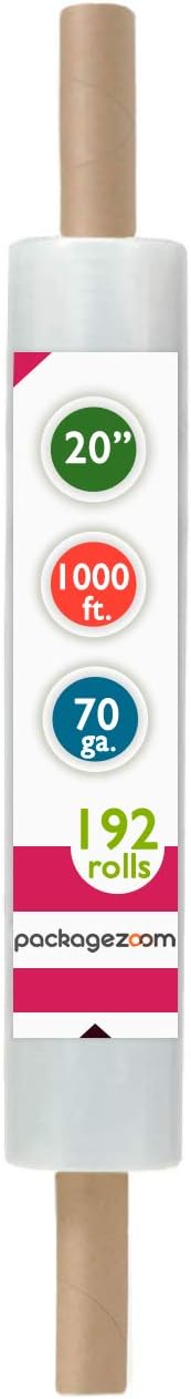 20 inch x 1000 Feet Stretch Wrap Extended Core Handle, 192 Rolls by packagezoom