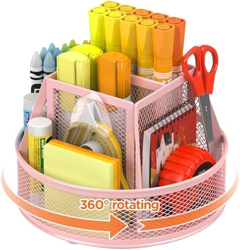 Docnest 360°Rotating Mesh Desk Organizer,6-Compartment Pen Holder,Pink by DocNest