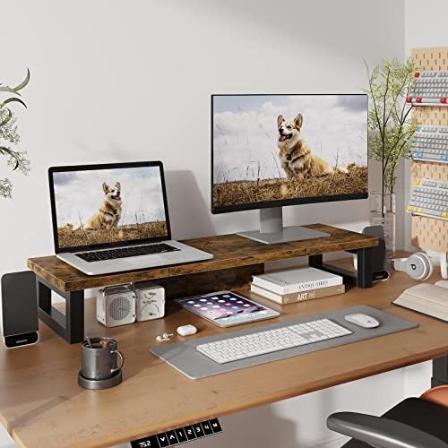 WESTREE Dual Monitor Stand Riser, Wood and Steel Monitor Stand Riser, Computer Monitor Stand for 2 Monitors, Multi-Purpose Desktop Storage Stand for Computer,Laptop,Printer,TV - Image 2