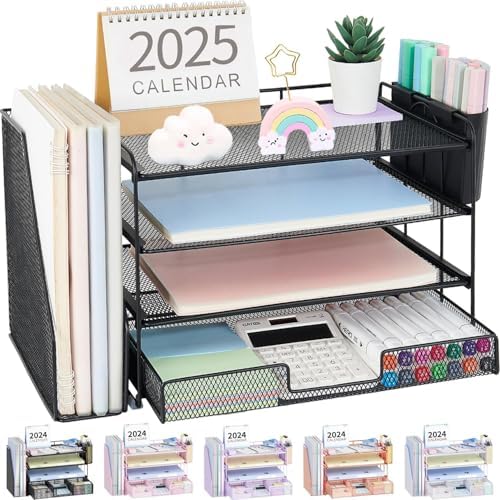 OPNICE Desk Organizer, 4-Tier Desktop File Organizer with Drawer and Pen Holders, Office Desk Accessories, File Sorters, Workspace Organizers for Office Supplies(Black 2-Pack) by OPNICE