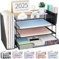 OPNICE Desk Organizer, 4-Tier Desktop File Organizer with Drawer and Pen Holders, Office Desk Accessories, File Sorters, Workspace Organizers for Office Supplies(Black 2-Pack) by OPNICE