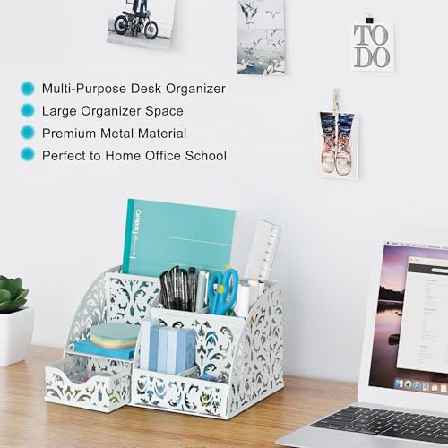 EasyPAG Desk Organizer and Pen Holder for Desk, Mesh Office Supplies Storage Caddy with Drawer for Small Space, Desktop Organizer for Home Office, White - Image 3
