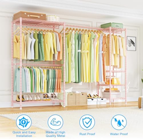 Ulif E10 Clothes Rack（With Stretchable Hanger Rod）Freestanding Clothing Racks for Hanging Clothes，Adjustable Closet Organizer System，Portable Garment Rack 73-97"W x 15" D x 72" H，Max Load 800LBS，Pink - Image 4