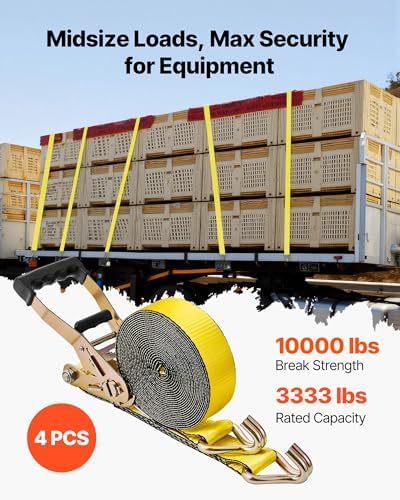 VEVOR Ratchet Tie Down Straps (4-Pack), 10000 lb Break Strength, Heavy Duty Double J Hooks, 2" x 27' with Padded Handles - Ideal for Moving, Securing Cargo, Appliances, Lawn Equipment, and More - Image 2