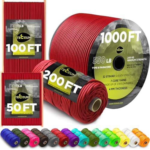 Paracord Rope 550 lb 4mm – Parachute Cord – Utility Camping Rope by TECEUM