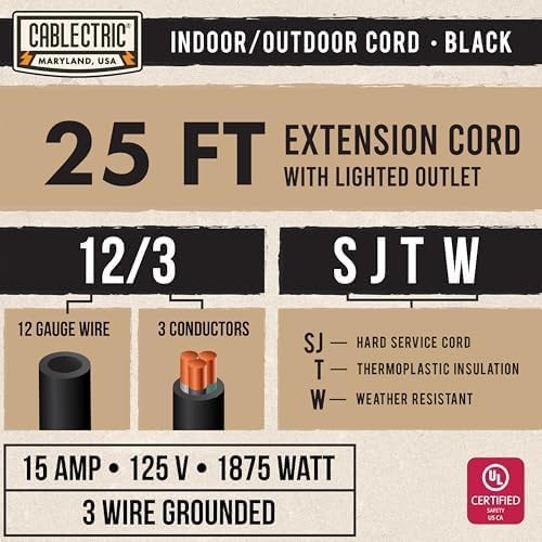 25 Ft Black Oil Resistant Extension Cord - Image 2