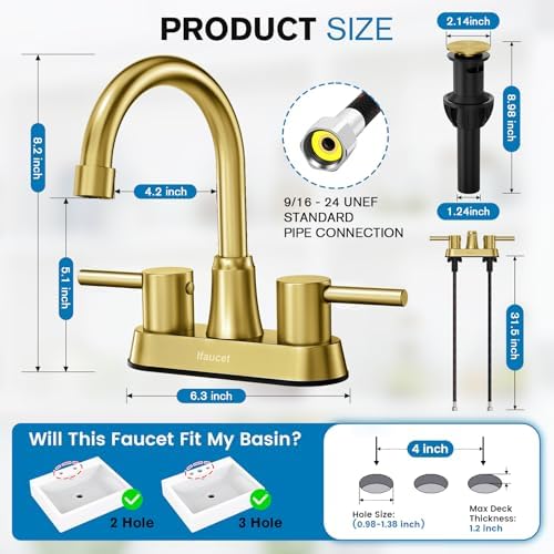 Gold Bathroom Faucet, Brushed Gold Bathroom Faucet, Gold Faucets for Bathroom Vanity, 4 Inch 2 Handle Centerset, Lead-Free, with Copper Pop Up Drain (Brushed Gold) - Image 2