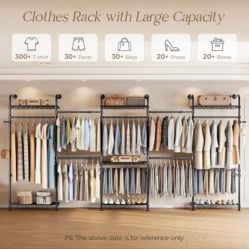 Closet Organizers Wall Mounted Closet System, 5-Row Heavy Duty Garment Clothes Rack, Industrial Pipe Clothing Rack with 4 Telescopic Rods, 3 Fixed Rods, 6 Hooks, 7 Shelves & 2 Pants Hangers for Rooms - Image 4