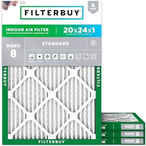 Filterbuy 20x24x1 Air Filter MERV 8 Dust & Allergy Defense (4-Pack) by Filterbuy