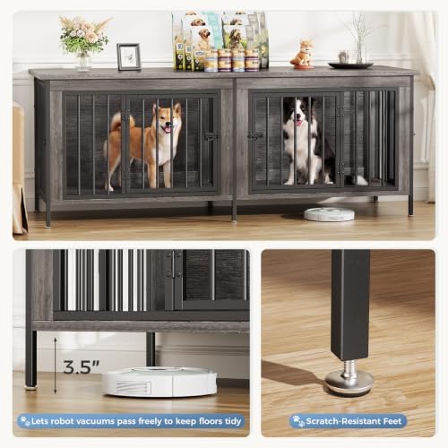 DUMOS 63" Dog Crate Furniture for 2 Dogs with Divider, Gray Wood Grain - Image 4