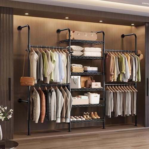 Wall Mounted Closet System, Heavy Duty 3-Row Clothes Rack, Expandable Industrial Pipe Closet Organizers and Storage with 4 Telescopic Rods, 4 Hooks & 6 Shelves for Wardrobe, Bedroom by Unknown