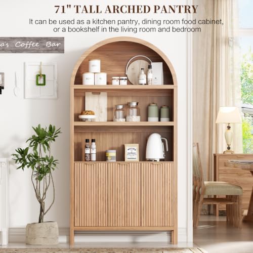 Ieejdn 71.34" Tall Arched Kitchen Pantry,Modern Fluted Wood Storage Cabinet with Doors,Adjustable Shelves,Organizer, Versatile Cupboard for Kitchen,Living Room,Dining Room,Bathroom,Natural - Image 4