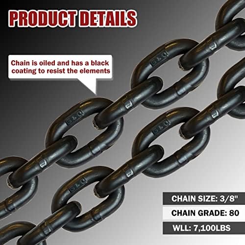G80 Transport Binder Chain 3/8 Inch x 10 Foot | Tow Chain with Clevis Grab Hooks | 7,100 lbs Safe Working Load | Heavy Duty Chain for Transporting Towing (3/8'' x 10FT (Black)) - Image 3