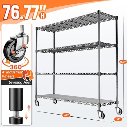 76.77" H Storage Shelves 1500LBS Metal Shelving Unit with Wheels, Adjustable Garage Shelving Heavy Duty Wire Rack with Liners for Pantry Warehouse Commercial, 48" W x 18" D x 76.77" H, 2 PCS - Image 3
