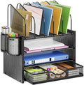 Marbrasse Desk Organizer with Drawer, 4-Tier Wooden File Organizer with 5 Vertical File Holders and 2 Pen Holders, Desk Organizers and Accessories for Home Office - Black by Marbrasse