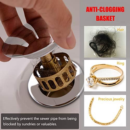 Bathroom Basin Sink Push Button Drain Stopper with Removable Brass Strainer Basket, With Overflow Chrome Push Pop Up Drain Assembly Polished Chrome,83606-1C. - Image 5
