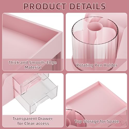 Marbrasse Desk Organizer with 2 Drawer, 360°Rotating Pen Holder, Desk Organizers and Accessories with 6 Slots Pencil Organizer + 2 Drawer, Art Supply Storage Box Caddy for Office (Pink) - Image 5