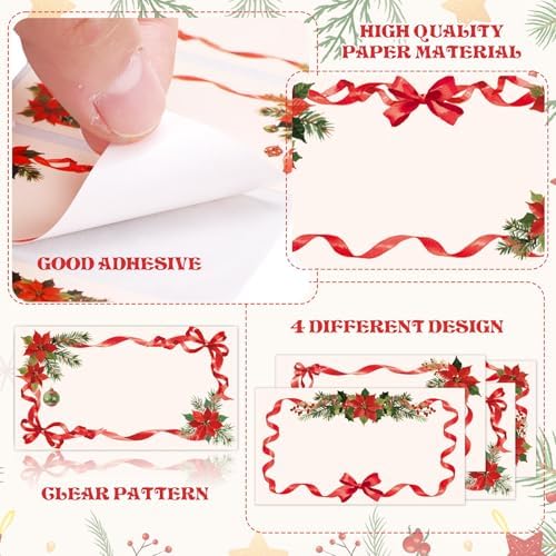 Whaline Christmas Floral Direct Thermal Labels Stickers Red Bow Poinsettia Flower Rectangle Self-Adhesive Printer Decals for Xmas DIY Candle Name Tag Logo Design, 500 Pcs - Image 3
