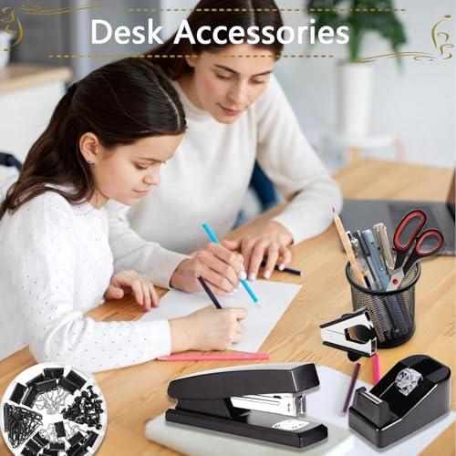 Office Supplies,Desk Accessories, Stapler and Tape Dispenser Set for Women with Stapler, Tape Dispenser, Staple Remover, Staples, Clips, Scissor and Tabs,Gift for Students, Coworkers - Image 4