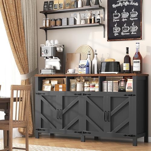 knoworld Buffet Sideboard with Storage Farmhouse, Large Kitchen Storage Cabinet Wood Coffee Bar Cabine Buffet for Kitchen, Living Room, 55in, Black - Image 4