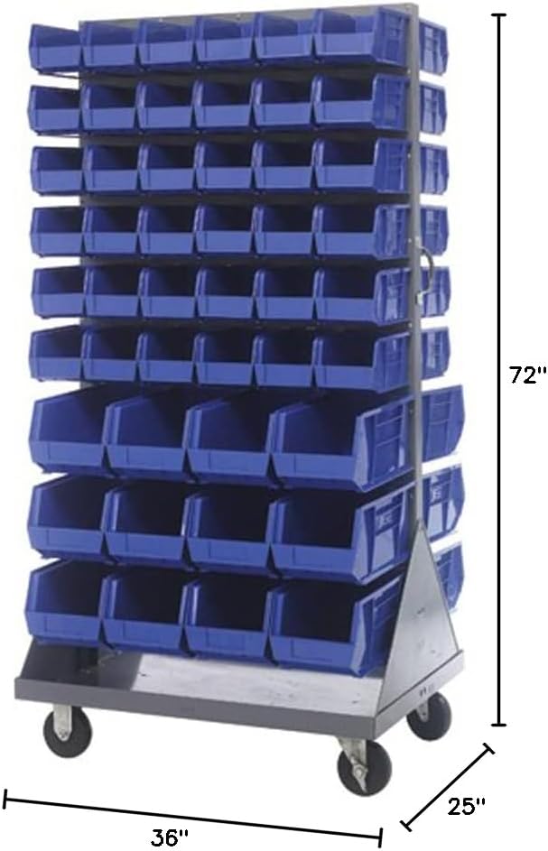 QUANTUM STORAGE SYSTEMS QMD-36H-230240BL Solid Mobile Louvered Panel Double Sided Bins Bench Rack 60 Shelves 72" H x 36" W x 25" D with 96 Blue Bins Multi-Sizes - Image 2