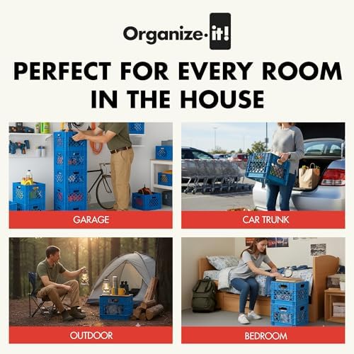 ORGANIZE-IT! 4 Pack Storage Milk Crate, Heavy Duty Versatile Box Organizers with Easy-Grip Handles, Interior 12.25"L x 12.25"W x 10.5"H, Blue - Image 4