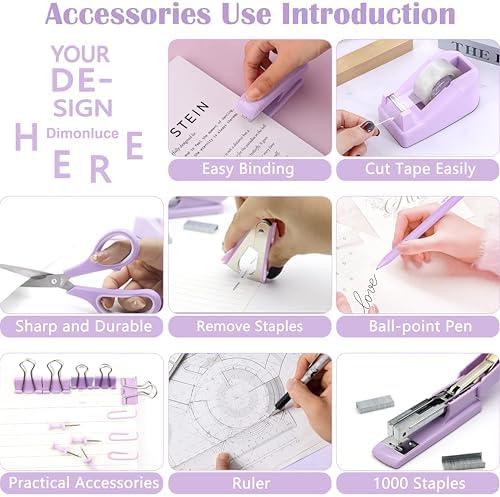Dimonluce Purple Desk Accessories, Purple Office Supplies Accessories with Tape Dispenser, Stapler, Staple Remover, 1000 Staples, Tape, Clips Set, Ruler, Scissor, Pen - Image 4