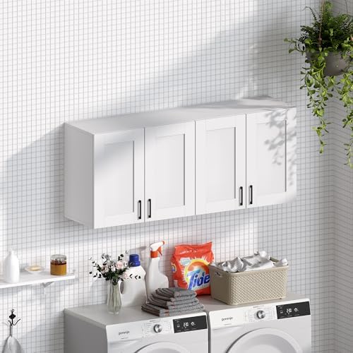 White Laundry Room Cabinets and Storage with 3 Doors and Utility Adjustable Shelf，Gabinetes Para Cocina Cupboard Kitchen Organizers and Storage Pantry Wall Mounted 12.4"D x 35.4"W x 19.7"H - Image 2