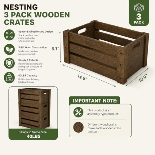 3 Pack Wooden Crates for Display Rustic Handmade Wood Crate for Storage - Image 2