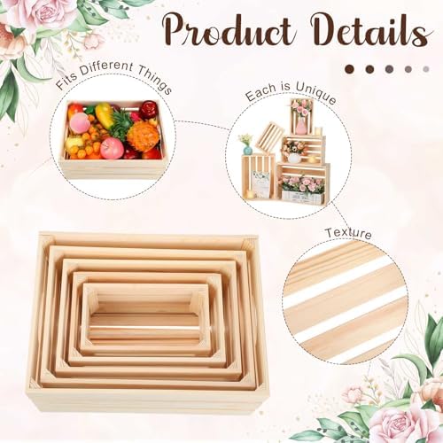 Soaoo 5 Pcs Decorative Nesting Wooden Crates with Handle, Natural Color - Image 4