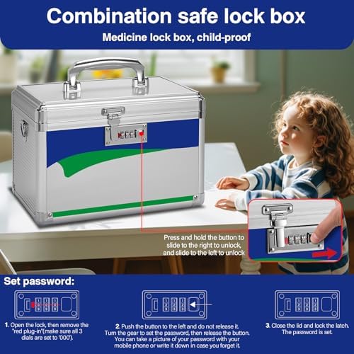 Medicine Lock Box with Combination Lock - 11.2 x 7.6 x 7.6 Inches - First Aid Safe Medication Storage Box, Medications and Personal Items, Safe Boxes for Home and Outdoor - Silver - Image 5