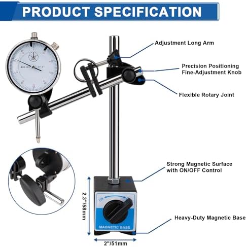 Dial Indicator with Magnetic Base, 0-1"×0.001" Precision Dial Test Indicator Set, Adjustable Long Arm Magnetic Dial Indicator Base Holder for Workshop, Lab & Mold Making - Image 2