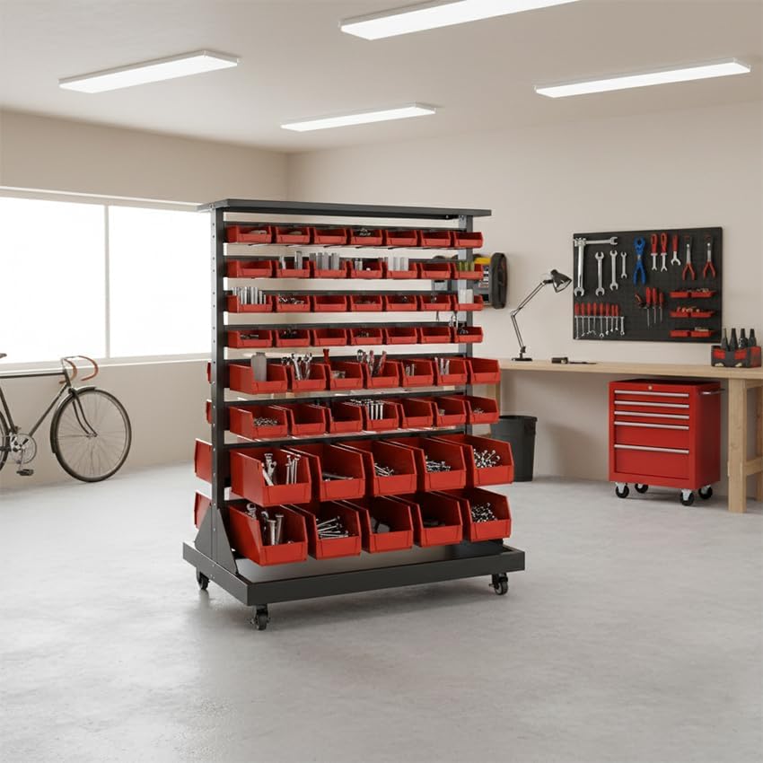 Metal Bin Storage Rack on Wheels, Dual Sided Steel Parts Organizer, 104 Bins for Nut Bolt Hardware, Heavy Duty Double Sides Shelf for Auto Repair Shop Garage Warehouse Workshop, 35.4" x 23.6" x 47.4" - Image 3