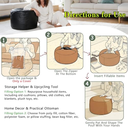 Thgonwid Unstuffed Faux Leather Pouf Cover, Handmade Footstool Ottoman Storage Solution, Floor Footrest Cushion - 16.5" Dx12 H, Pure Black - Image 6