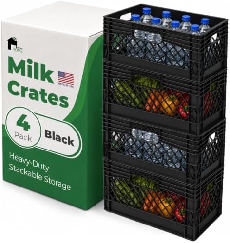 EconoHome Milk Crate - Stackable Storage Crate with Built-In Handles - Heavy Duty Plastic Material - Ventilated Organizer Bin for Garage, Pantry, Classroom, Office & Moving - Black, 19x13x11, 4-Pack by EconoHome