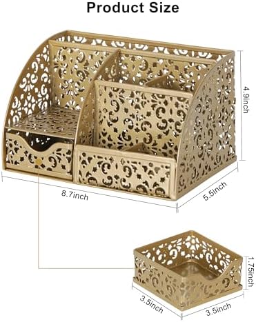 EasyPAG Desk Organizer and Pen Holder for Desk, Mesh Office Supplies Storage Caddy with Drawer for Small Space, Desktop Organizer for Home Office, Gold - Image 7