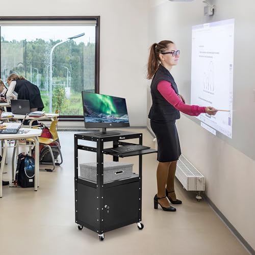 YITAHOME Steel AV Cart with Locking Cabinet & Keyboard Tray Black - Image 3