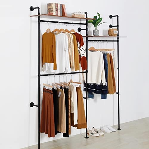 Industrial Pipe Clothing Rack with 2 Shelves, Clothes Rack Wall Mounted Heavy Duty Clothing Store Display Stands Garment Rack Closet System(Black, 96.5x80.7inch) - Image 6