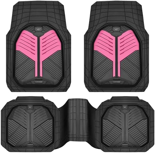CAR PASS Heavy Duty Rubber Car Mats, Deep Dish Car Floor Mats All Weather, Car Mats Full Set 3-Piece Trim to Fit for Sedans SUVs Trucks,Women Waterproof Anti-Slip Automotive Mats, V12 Black and Pink by CARPASS