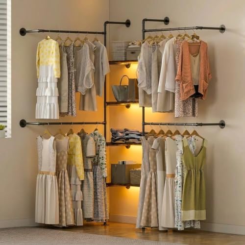 Industrial Pipe Clothing Rack with LED & Shelves - Image 4
