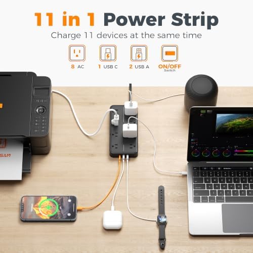TESSAN Power Strip Surge Protector, 15FT Flat Plug Extension Cord - Image 2