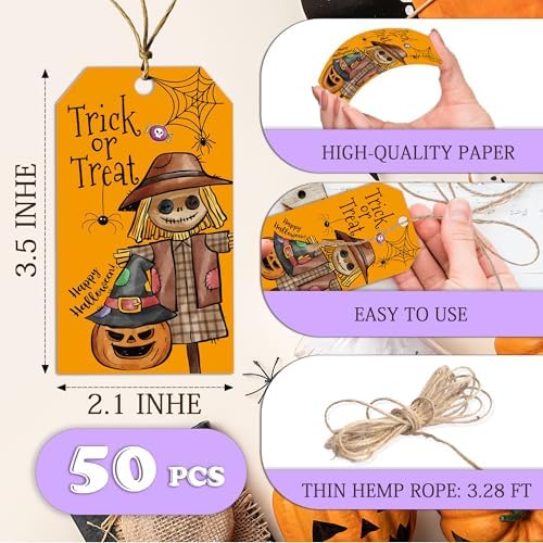 Yellow Halloween Paper Gift Tags with String-50Pcs,Trick Or Treat for You Happy Halloween Tags for Goodie Bags, 2 x 3.5 Inch Waterproof Hanging Labels for Decor Party Supplies, Gift Wrapping-B06 - Image 2
