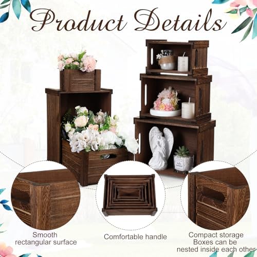 AceOrbit 6 Pcs Decorative Wood Crates with Handle for Display, Dark Brown - Image 4