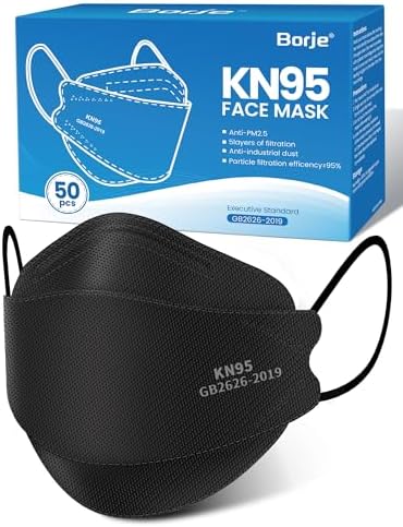 Borje KN95 Face Masks for Adults 50 Pack,5-Ply Black Disposable Face Mask Against PM 2.5 Smoke & Dust, Filtration Efficiency 95% by Borje