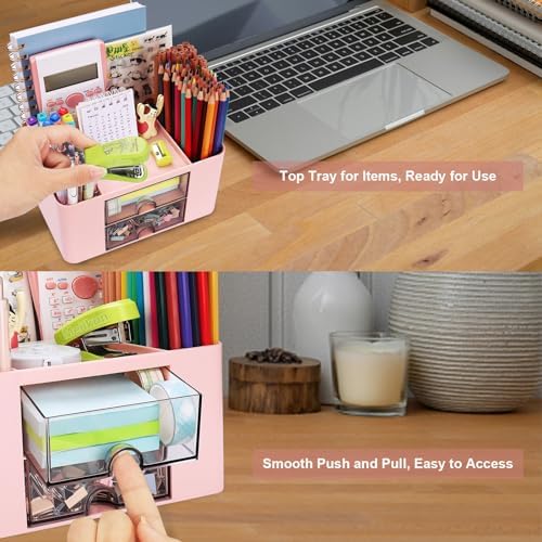 Meiikun Plastic Pen Organizer, Multifunctional Desk Organizer with 2 Drawers, 4 Compartments & a Top Tray, Pencil Holder Desktop Organizers and Accessories for Office, 7.7" x 5.5" x 3.9" (Pink) - Image 6