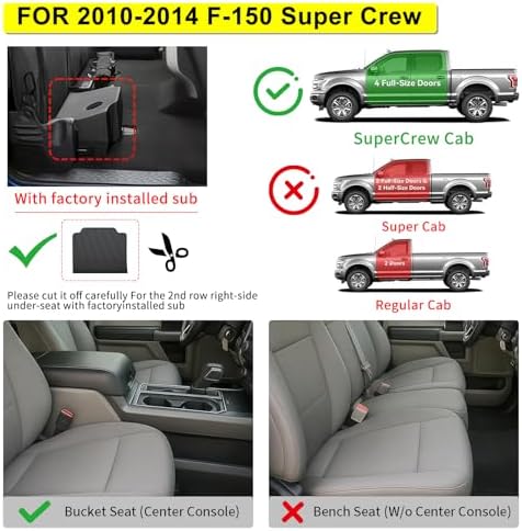 Floor Mats for Ford F-150 SuperCrew/Crew Cab 2010-2014, All-Weather Custom Fit, Front & 2nd Row, 3-Piece Set, Bucket Seats Black - Image 2