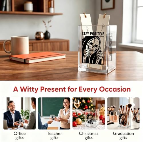 Funny Skeleton Office Acrylic Cosmetic Pen Pencil Holder Cup, Stay Positive Gothic Pencil Organizer, Horror Unique Desk Accessories, Motivational Halloween Gifts for Women Men（A52） - Image 5